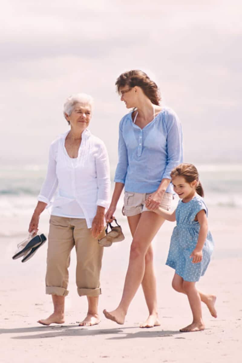wealth management services - 3 generation family walking on the beach